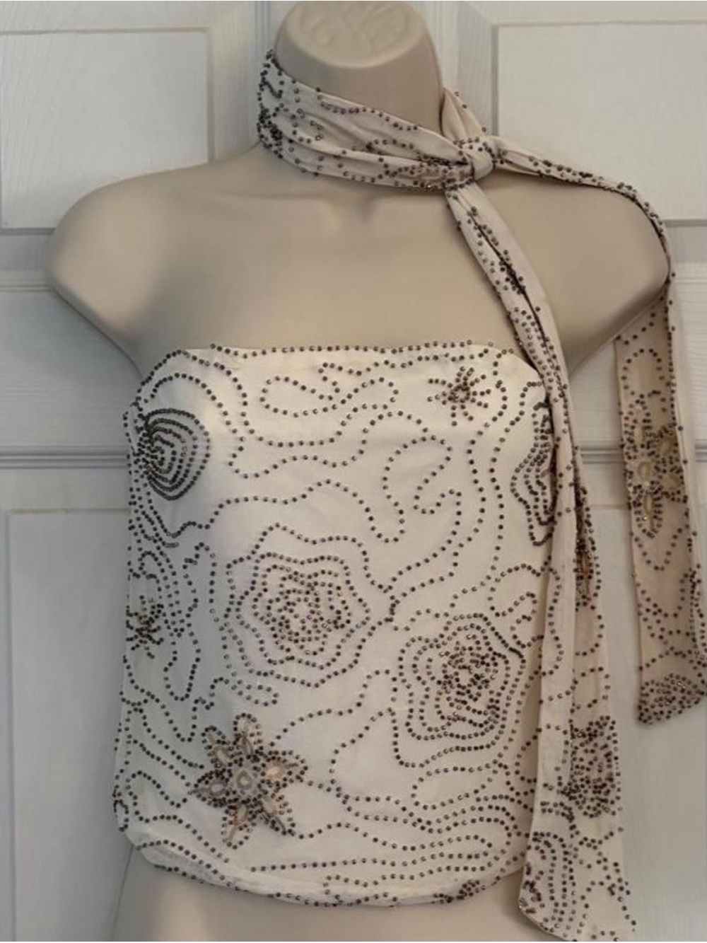 Ivory Embellished Scarf-Neck Blouse